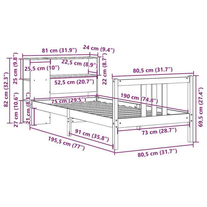 VidaXL Lit bibliothèque sans matelas 75x190 cm bois de pin massif 3322291