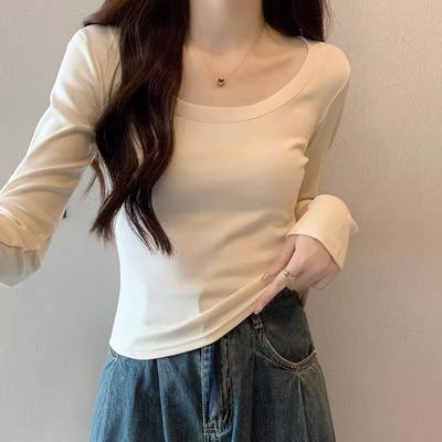 Sonbahar ve kış için kadınlar için retro U yakalı uzun kollu tişört yeni geniş yakalı basit ve çok yönlü hot girl kısa köprücük kemiği altlık gömlek üst