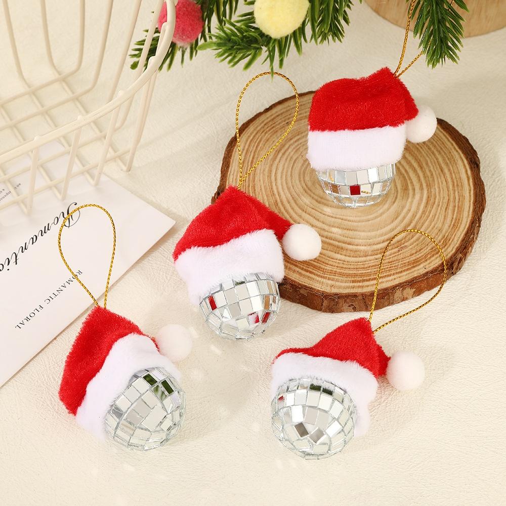 12pcs Christmas Decoration Balls Red Christmas Hat Mirror Disco Ball Pendant Xmas Tree Hanging Ornaments Home Party Decoration Gift