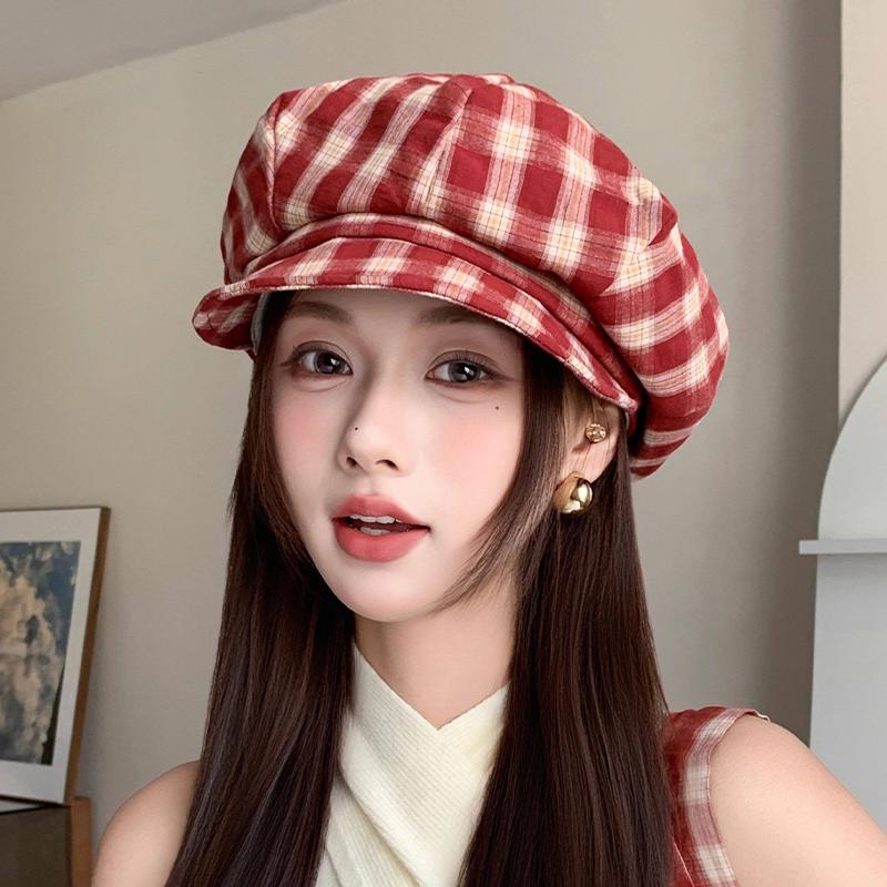 Korean Retro Plaid Beret Hat For Women Y2K Contrast Color Checked Beanie Cap Summer Travel Versatile Face Slimming Hat