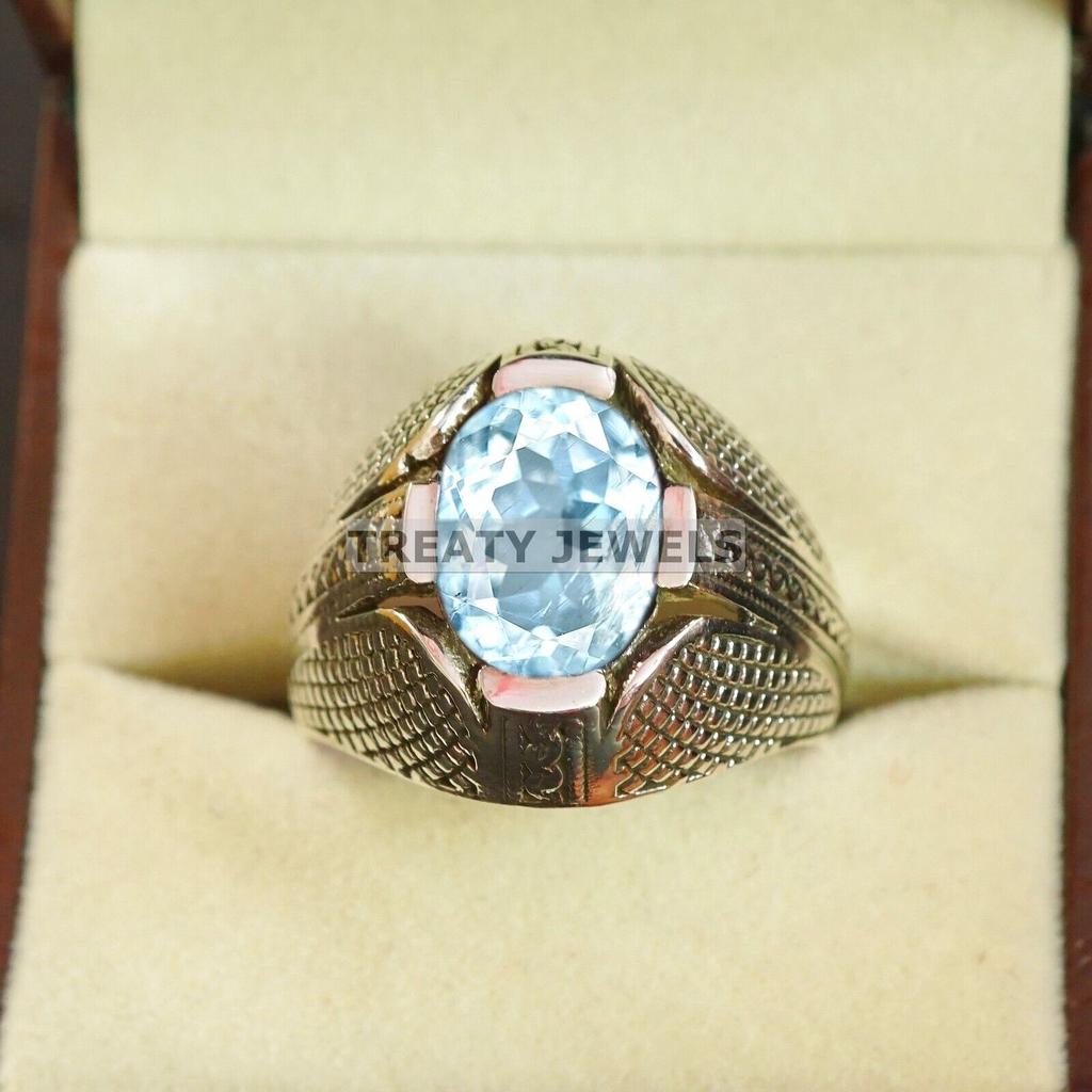 Aquamarine Oval Cut Gemstone With 925 Sterling Silver Ring For Men's #A734 JL375659034784