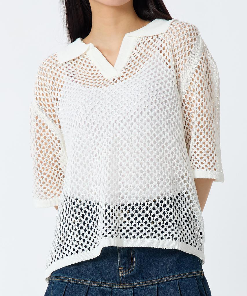 ANDTHEOTHER White Punched Collar Short Sleeve Knit