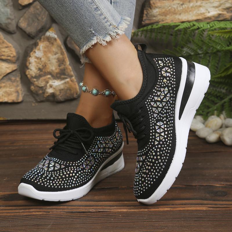 Women Iridescent Rhinestone Platform Sneakers Elastic Breathable Mesh Wedge Non Slip Rubber Sole Sale Shoes With Free Shipping