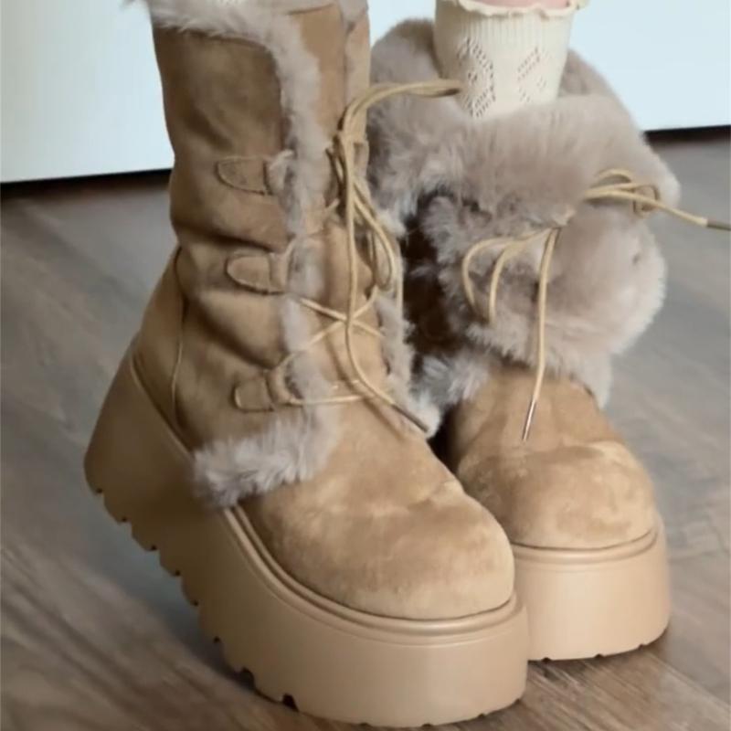 Winter Chunky Heel Women Fur Lining Snow Boots Concise Height Increase Shoes Ladies Comfort Warm Cotton Mid Calf Booties