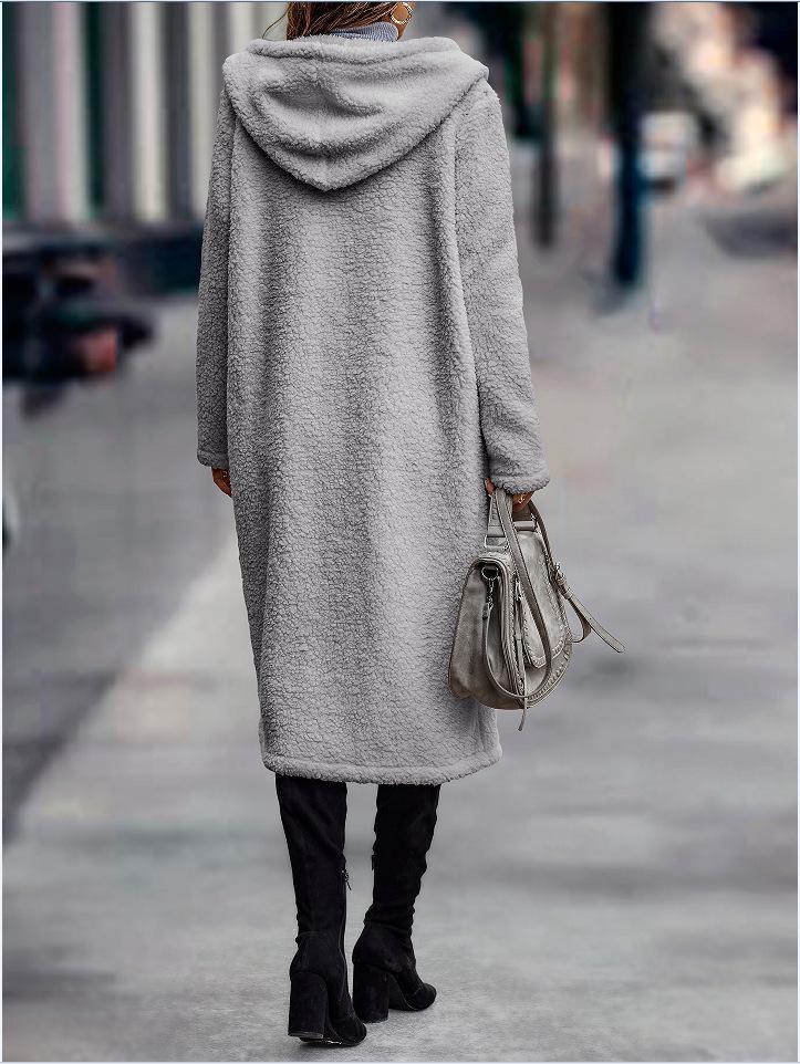 Women's Solid Color Plush Hooded Jacket - Autumn/Winter Long-Sleeve Windbreaker Coat