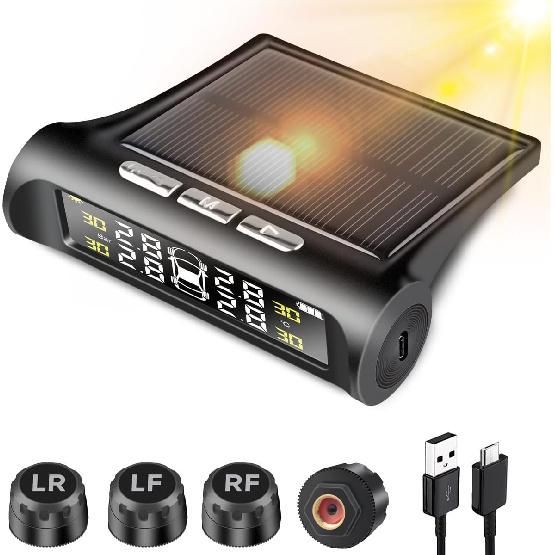 

Tire Pressure Monitoring Systems - TPMS Wireless Tire Monitor with Solar Charger 6 Alarm Modes LCD Display Pressure and Temperature Alarm Auto Safety