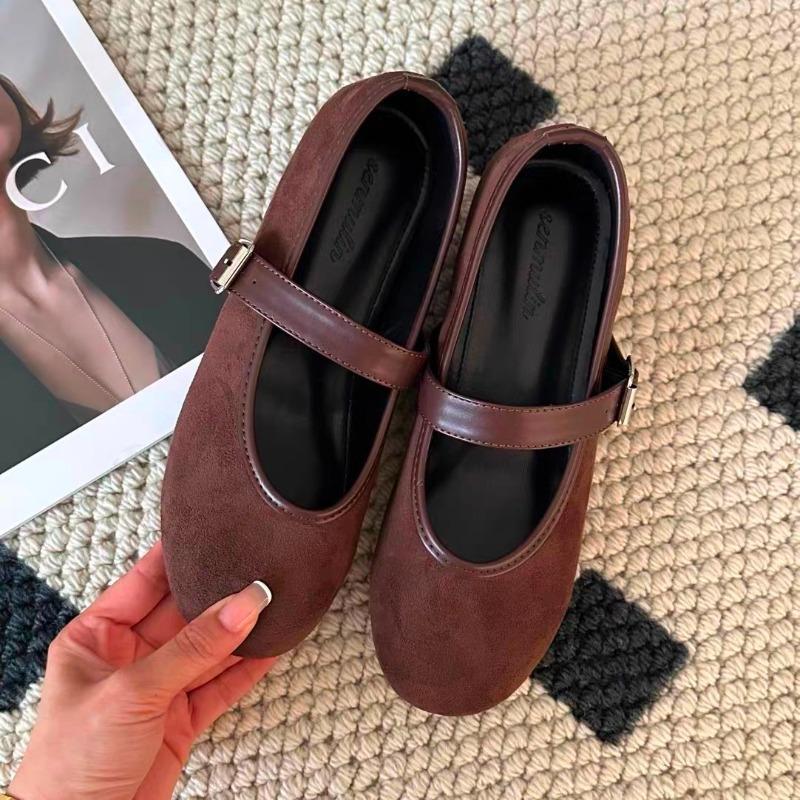 Women's Low Heel Shoes Spring New Round Head Shallow Mouth Suede Metal Buckle Soft Sole Anti-slip Wear-resistant Low Top Shoes