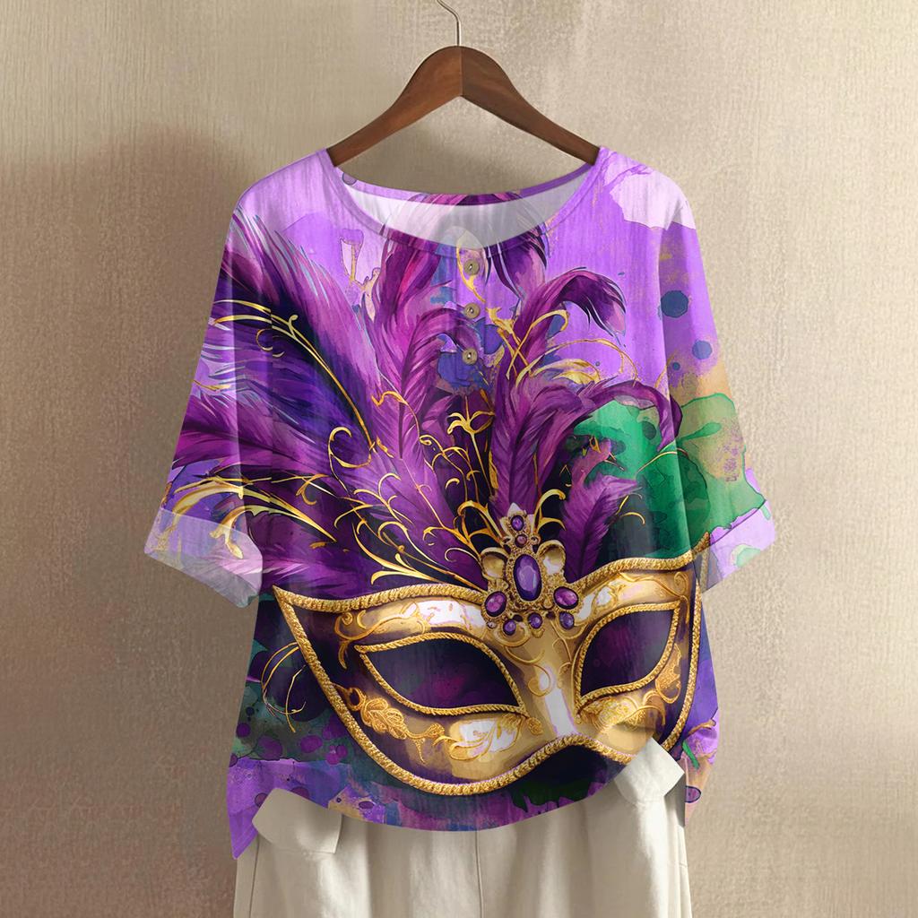 Damska casualowa i wygodna bawełniano-lniana bluzka z okrągłym dekoltem, średniej długości, z modnym nadrukiem