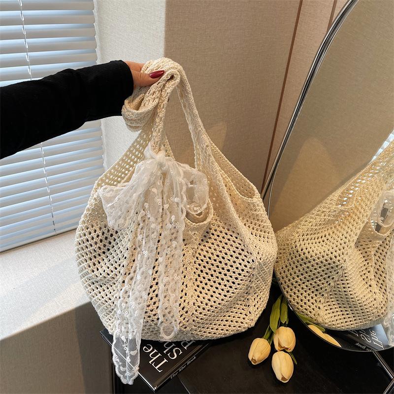 Yogodlns Women Hollow Out Crochet Tote Bag Fashion Knitted Bag Large Capacity Scarf Decor Handbag Female Summer Beach Solid Color Woven Shoulder Bag