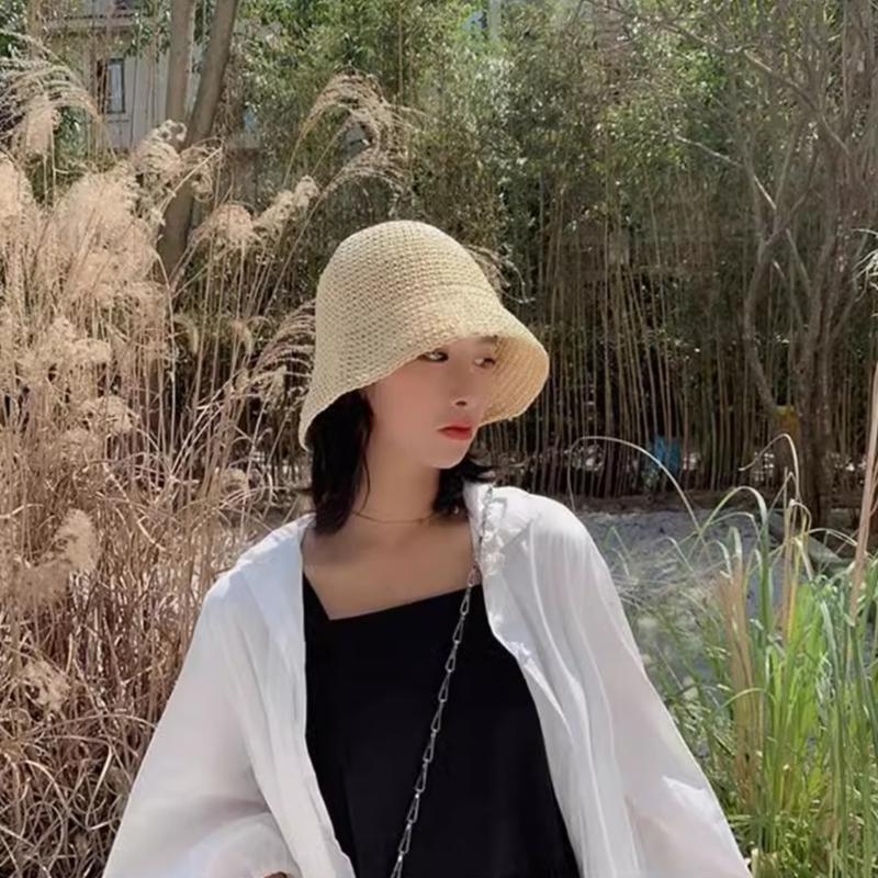 Natural Straw Summer Hat Packable Travel Handwoven Bucket Caps Sun Protection Beach Accessory