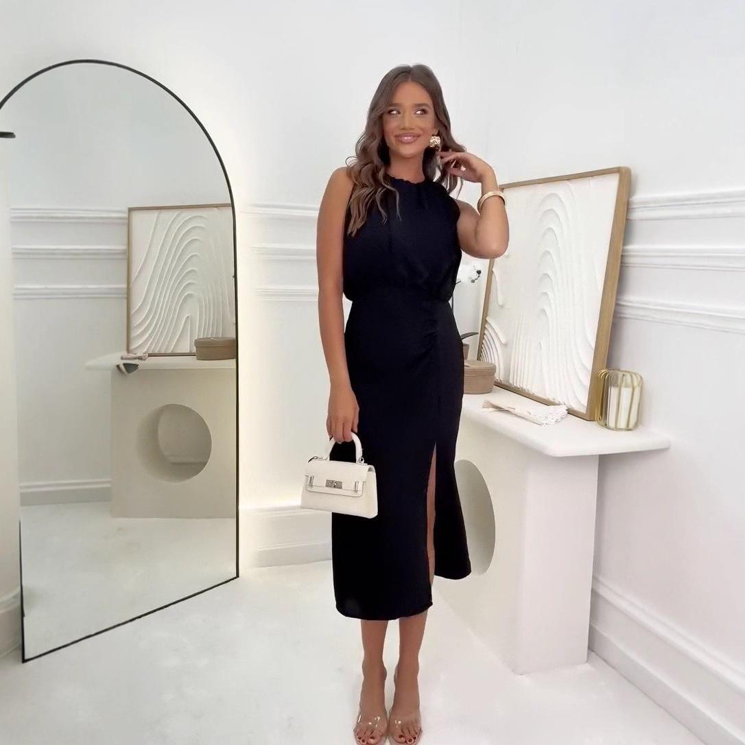 

Летнее платье 2025 года в европейском и американском стиле, женское однотонное платье с круглым вырезом и разрезом Medium чёрный