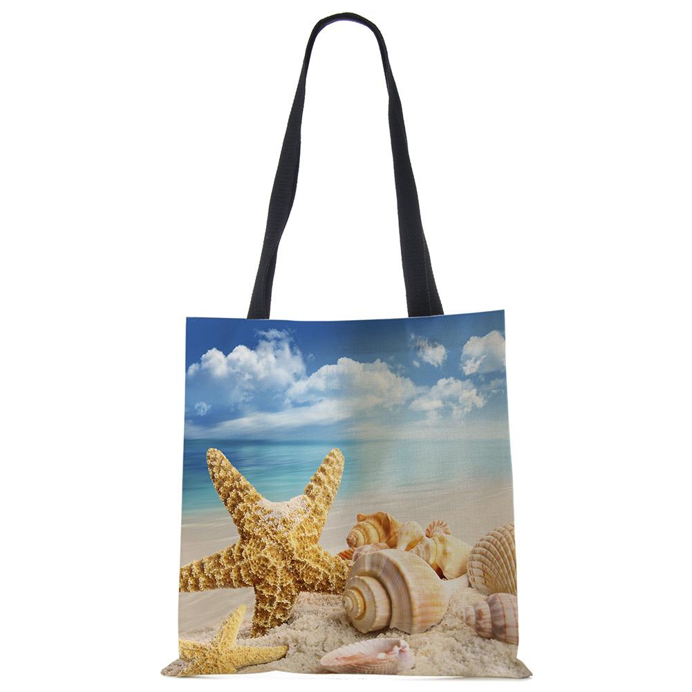 Ladies Shoulder Bag Blue Ocean Starfish Beach Sand Prints Tote Bag Linen Fabric Beautiful Casual Practical Handbag Casually