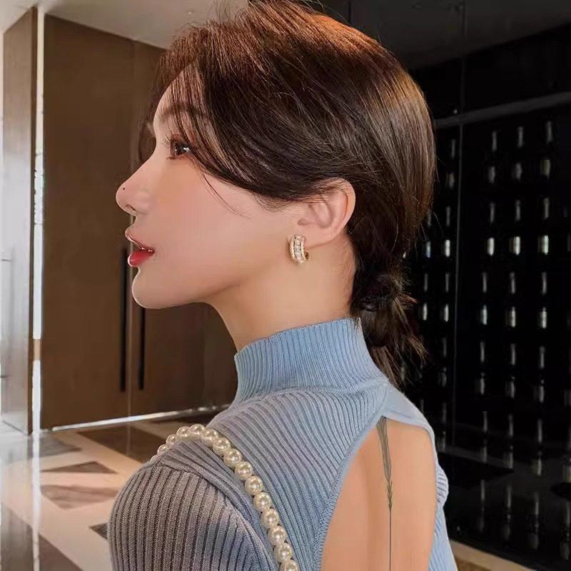 Exquisite French-style Pearl-accented Zircon C-shaped Gold Color Earrings 2026 New Design Jewelry Luxurious Accessory for Women