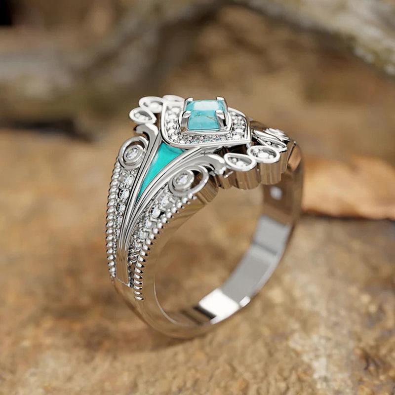 Fashion Silver Color Imitation Turquoise Rings For Women Girl Statement Blue Enamel CZ Rings Wedding Engagement  Gifts