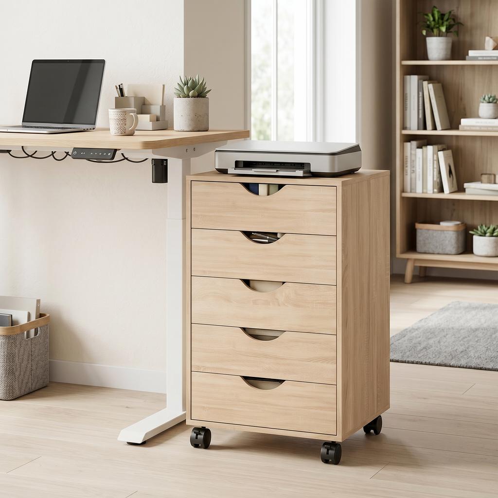 Mobile Office Pedestal, 5 Drawers, Wood, 40 x 40 x 67 cm, Oak
