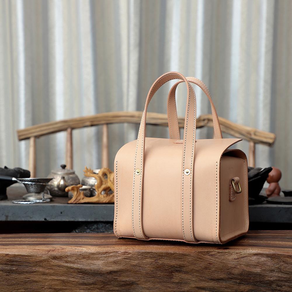 Damen-Leder-Quadrat-Handtasche pflanzlich gegerbtes Leder Retro-Stil handgenäht tragbar Teetüte echtes Leder Damen-Tasche