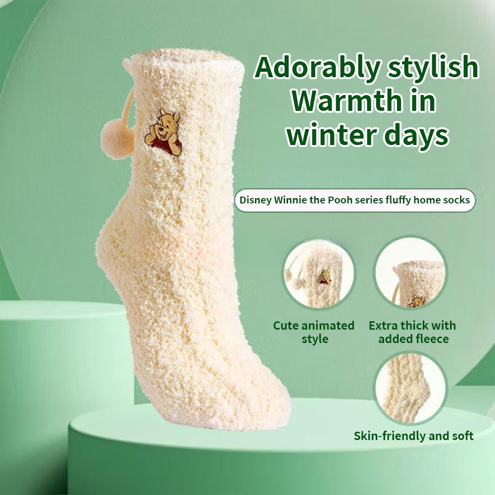 Miniso Disney Winnie The Pooh Plush Socks Carnival Winter Thick Plush Girls Warm Breathable Soft Fashion Home Socks 1 Pair
