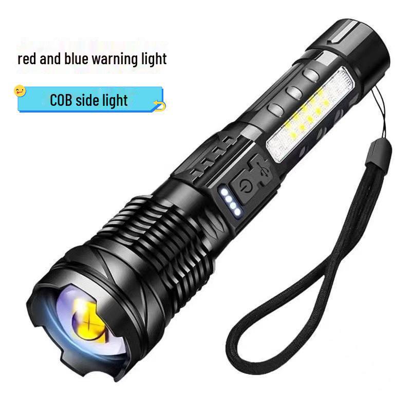 USB Rechargeable Multi-Function Outdoor Flashlight with White Laser, Side Red & Blue Warning Lights