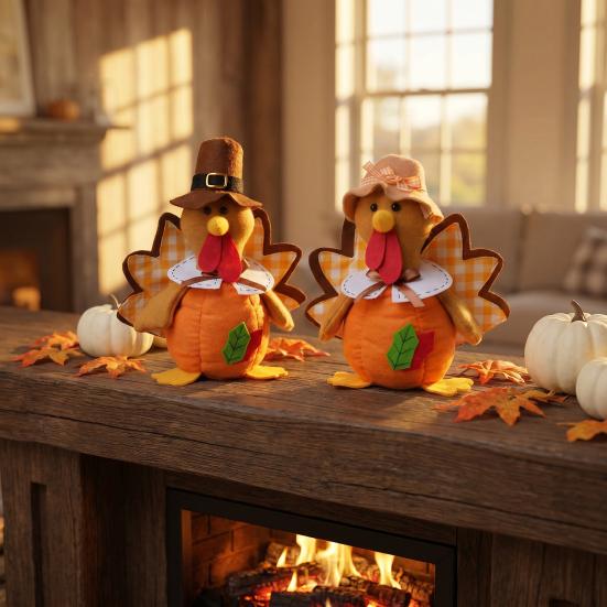 Seasonal Indoor Ornament Thanksgiving Plush Turkey Doll, Stuffed Animal Figurine, Autumn Soft Plushie Harvest Tabletop Decoration for Home Desktop