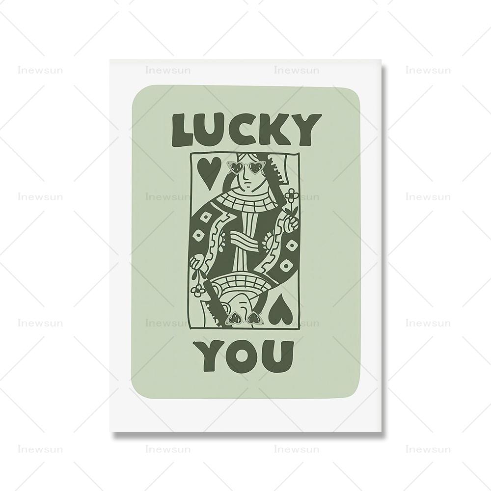 Retro Sage Green Trendy Lucky You Wall Art Prints Ace Card Poker Dice Canvas Painting Poster Pictures For Living Room Home Decor
