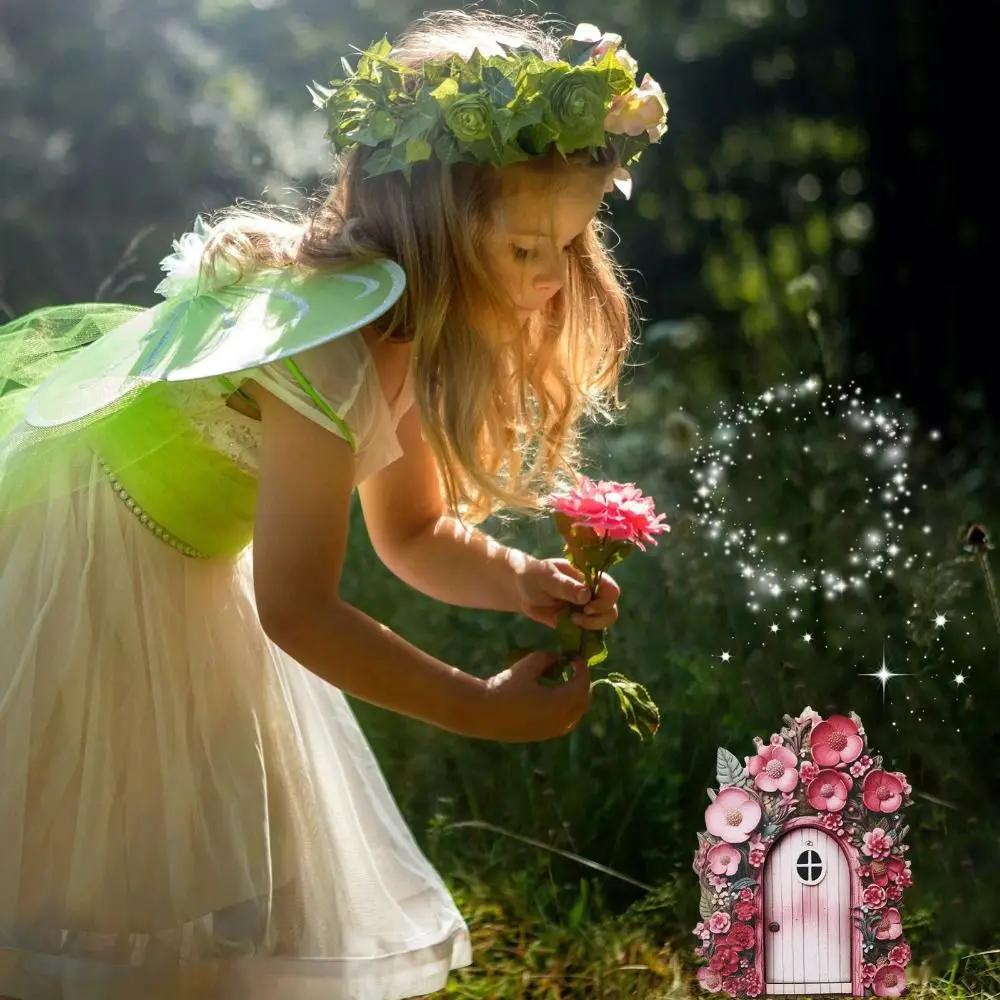 Wooden Fairy Gnome Door Figurines Handmade Micro Landscape Windows Door Miniature Craft Elf Door Art Statues Garden Decoration