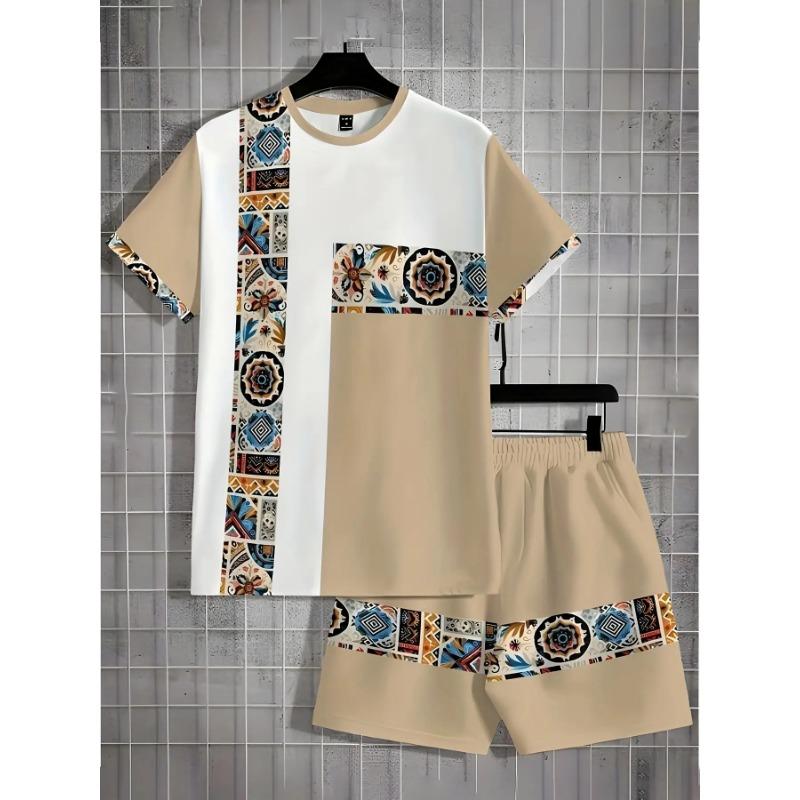 Men s Casual Geometric Print T-Shirt and Shorts Set - White and Beige, Short Sleeves, Crew Neck, Regular Fit, Stretch Polyester S