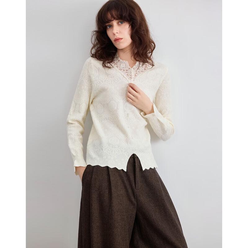 Demana Romantic Contract V-neck Lace Jacquard Slimming Knit Top L