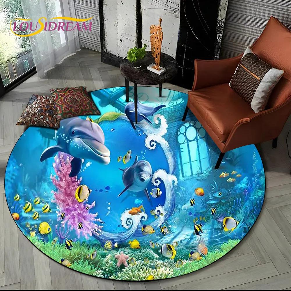 3D Seabed Illusion Underwater World Dolphin Round Area Rug,Carpet for Living Room Bedroom Sofa Playroom Decor,Non-slip Floor Mat