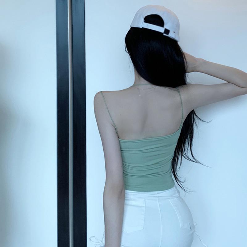 Slim Camisole With Chest Pad For Women Solid Color Dual Straps Halter Casual Versatile Girly Crop Top