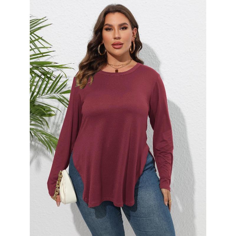 Women's Top Autumn/winter Long Sleeved Plus Size Women's Clothing Solid Color Casual Irregular T-shirt Base Shirt