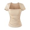 T-shirt da donna a maniche corte con scollo quadrato plissettato, nuova per l'estate, stile American Spice Girl, tinta unita, con tasca porta-coppette sul petto, top base a spalla