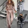 Giacca da Donna con Patchwork Leopardato in Velluto con Zip Pantaloni a Gamba Larga Tuta Casual Streetwear Set Loungewear