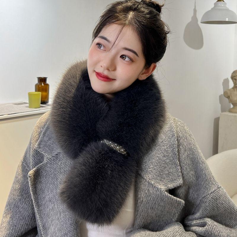 Women's Scarves Elegant Pearl-embellished Double-sided Faux Fox Fur Scarf - Warm Thickened Autumn/winter Women's Neck Warmer