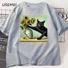 Van Goghs Cat Art Print T Shirt Funny Graphci T Shirts Cotton Trendy Summer Loose Short Sleeved Tshirt Unisex Unisex Harajuku Top