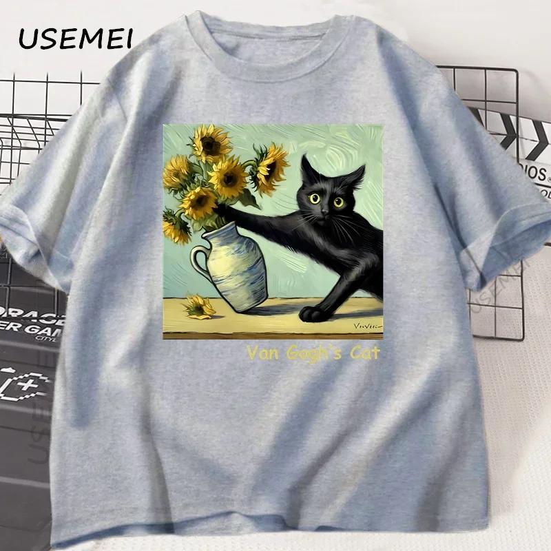 Van Goghs Cat Art Print T Shirt Funny Graphci T Shirts Cotton Trendy Summer Loose Short Sleeved Tshirt Unisex Unisex Harajuku Top