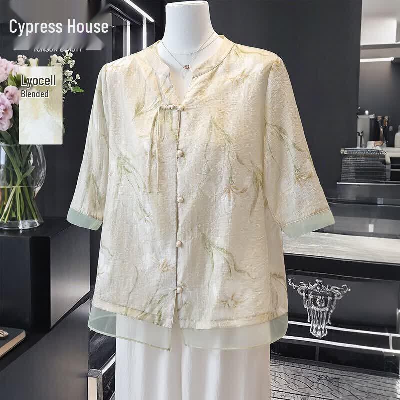 Women s New Chinese Style Floral Print V-Neck Lyocell Shirt L