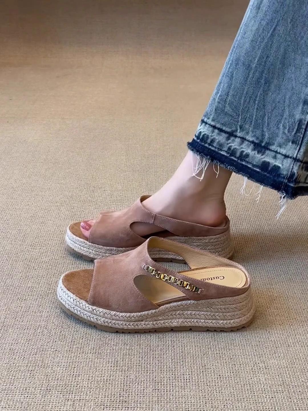 

Женские летние римские сандалии на толстой подошве с высотой 5 см, из матовой овчины, плетеные из соломы, на танкетке, туфли с открытым носком, туфли-рыбаки, синие~ 39 розовый