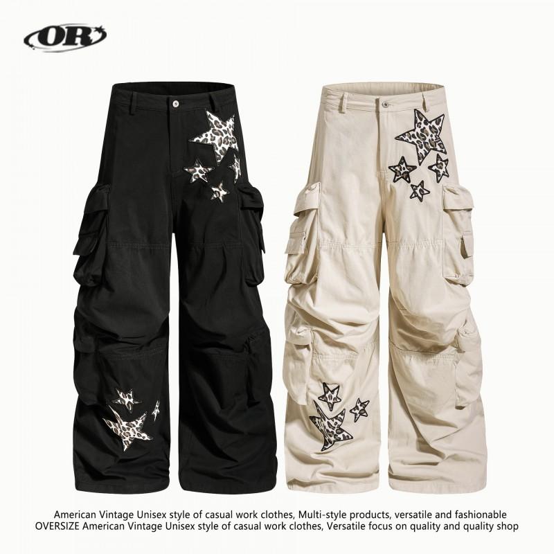Unisex Cargo Wide-Leg Pants With Leopard Patch Embroidery Cotton Utility Trousers Loose Fit Streetwear