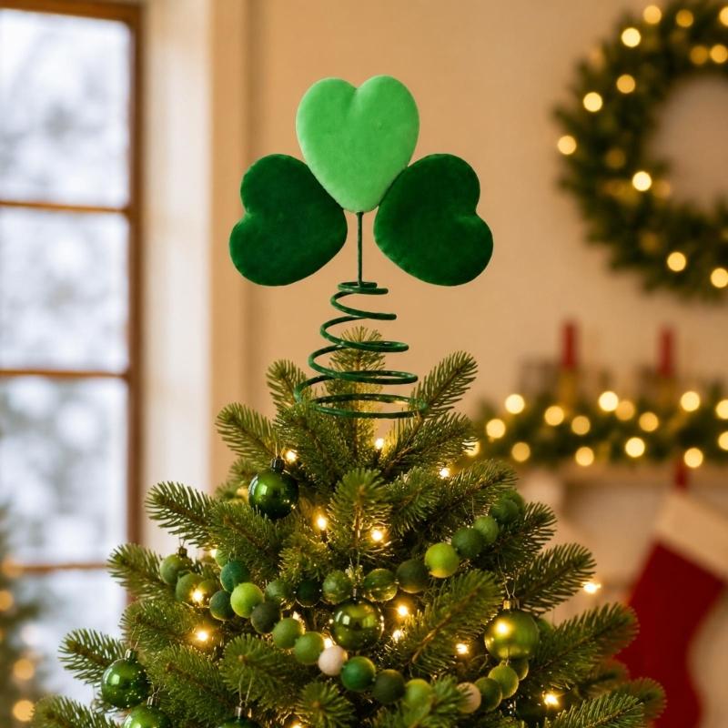 Soft Fabric Christmas Tree Top Ornament with Open Coil Base, Contrasting Green Leaves Styling, and Internal Iron Wire for Holiday Use
