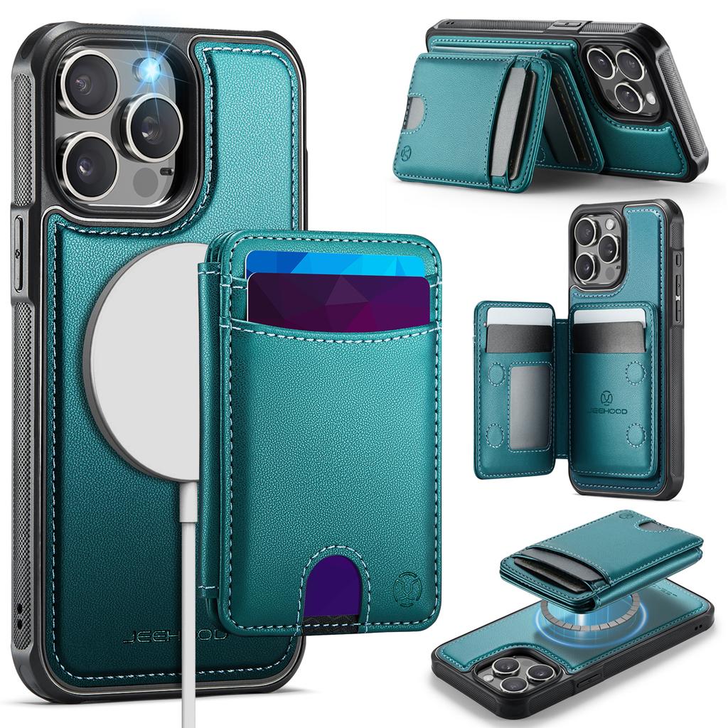For iPhone 12 Pro 6.1 inch/iPhone 12 6.1 inch Case JEEHOOD J10 Compatible with MagSafe Leather Back Phone Cover with Detachable Card Holder Kickstand