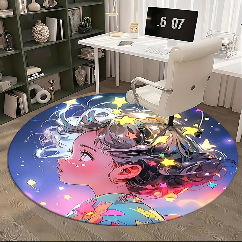 1pc Anime Design Round Carpet Office Chair Mat with Floral Print, Non Slip Rug for Home Decor, All Seasons