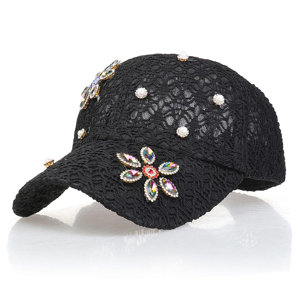 Rhinestone Pearl Flower Lace Baseball Cap, Women Breathable Mesh Adjustable Summer Sun Hat