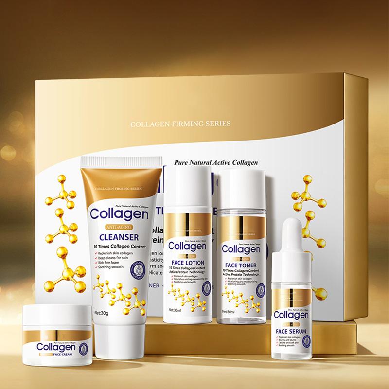5-Piece Anti-Aging Travel Kit with 10X Collagen - Cleanser, Toner, Lotion, Serum & Cream for Wrinkles & Firmness