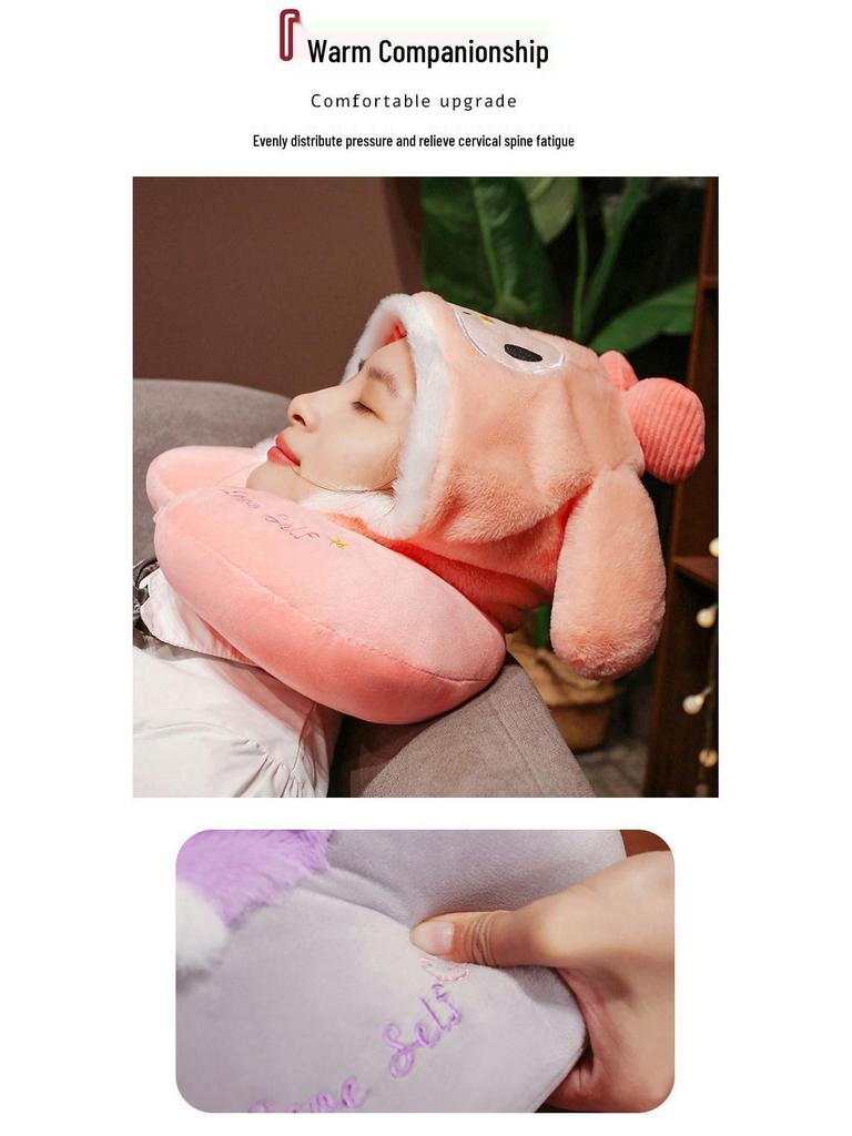 Hooded Cartoon U-Shaped Travel Neck Pillow with Hat - Gift for Girls