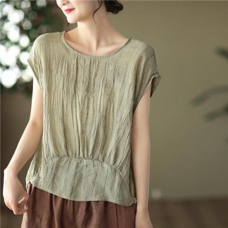 

Women s Stylish Summer 2026 Solid Color Tencel Shirt - Loose Fit, Round Neck, Short Sleeves M
