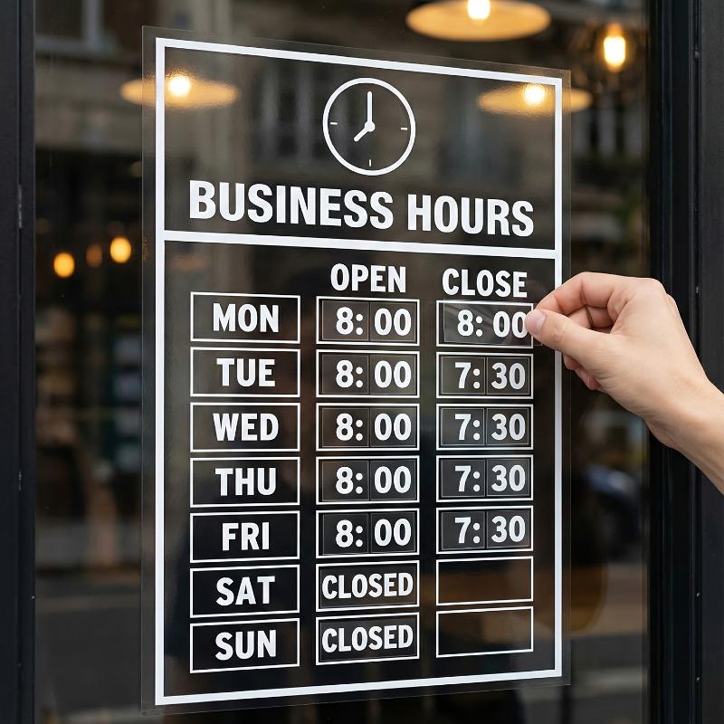 2 комплекта УФ-стойких наклеек с часами работы - Прозрачная наклейка на окно с белыми чернилами, Самоклеящийся знак «Открыто/Закрыто» для стеклянной двери магазина