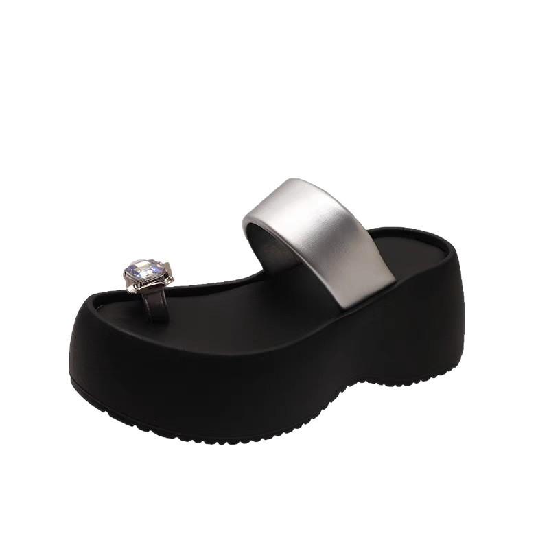 Small height increase super high heel flip-flops women's summer wear muffin bottom cover toe rhinestone thick bottom cool slippers