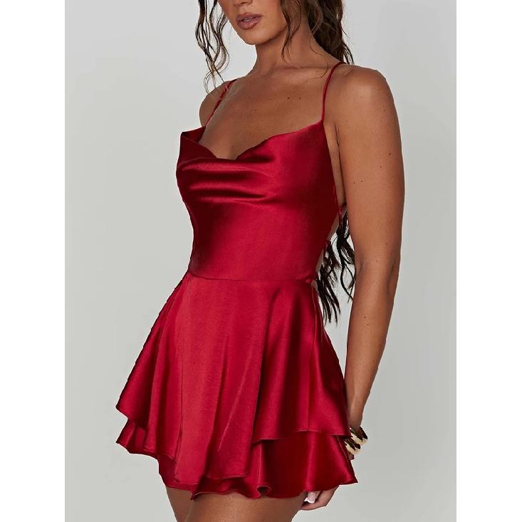 Satin Silk Women Sexy Cami Playsuits Dress Solid Cowl Neck Sleeveless Short Jumpsuits Summer Cross Tie-Up Backless Romper