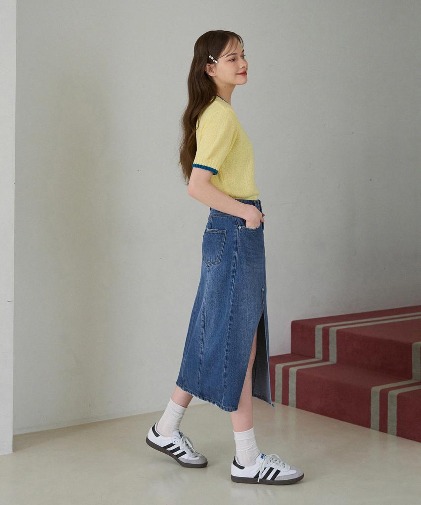 Deuloupisumeon Vertical Line Denim Long Skirt [Blue]