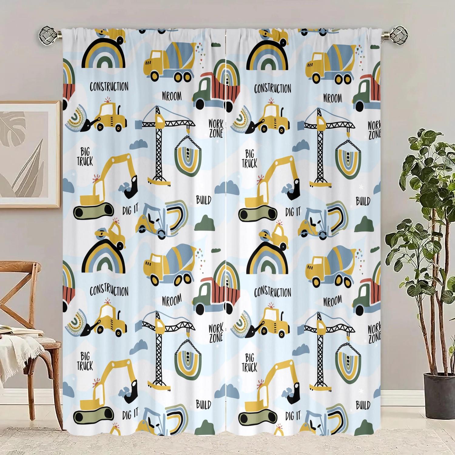 

2pcs Cartoon Truck Printed Curtains Room Darkening Polyester Window Drapes Rod Pocket Home Decor Kids Room/Birthday/Party De 24x59in(60x150CM)x2&Rod Pocket